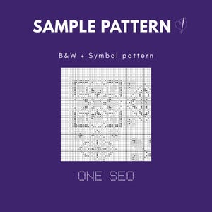 May include: A cross stitch pattern on a grid with black and white symbols on a purple background. The text reads SAMPLE PATTERN, B&W + Symbol pattern, and ONE SEO. The design features geometric shapes and floral motifs within the grid squares.