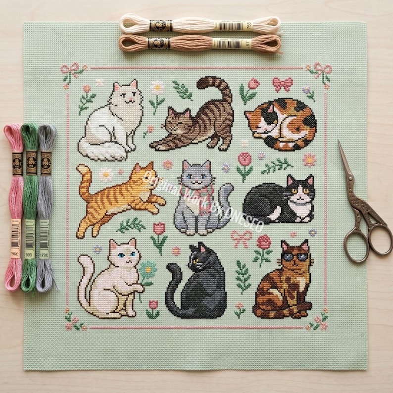 May include: A cross-stitch pattern featuring nine different cat designs in various poses and colors, surrounded by floral and bow accents. The pattern is on a light green fabric, with embroidery floss and scissors visible.
