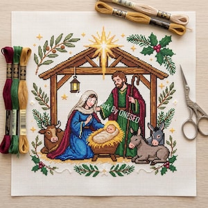 Nativity Cross Stitch Pattern, Holy Family Christian Christmas Story, Baby Jesus, Mary, Joseph, Bethlehem Stable, Counted Stitch Chart PDF