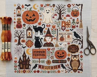 Vintage Halloween Trick Or Treat Cross Stitch Pattern, Spooky Haunted House Ghost Black Cat Folk Art Sampler, Counted Stitch Chart PDF