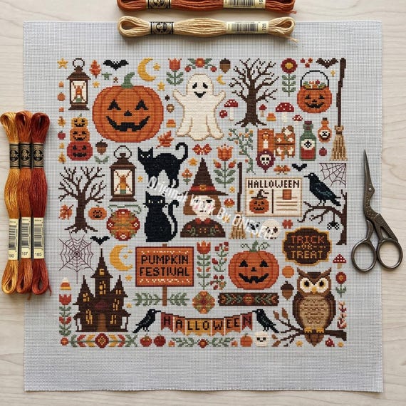 Vintage Halloween Trick Or Treat Cross Stitch Pattern, Spooky Haunted House Ghost Black Cat Folk Art Sampler, Counted Stitch Chart PDF