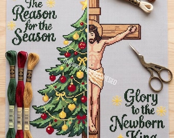 Christmas Tree and Jesus Cross Stitch Pattern, Religious Christian , The Reason for the Season, Glory to the Newborn King, Counted Chart PDF