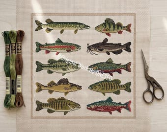 Wilderness Trout And Bass Fish Collection Cross Stitch Pattern, Rustic Lakehouse Cabin Catch Folk Art Sampler, Counted Craft Design PDF