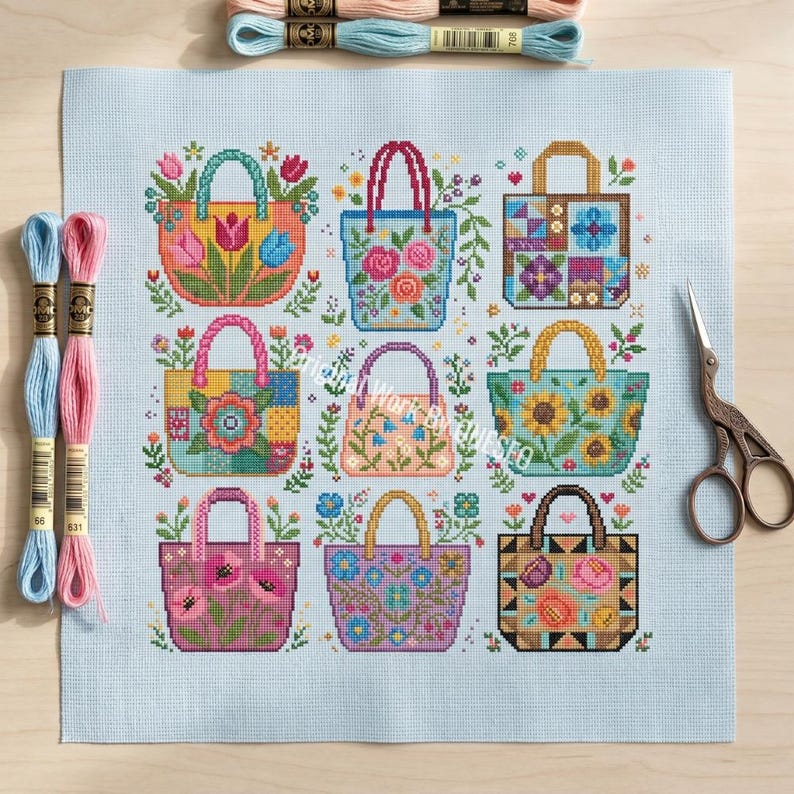 Puede incluir: Un patr&oacute;n de punto de cruz sobre tela azul claro que presenta nueve bolsos distintos decorados con varios motivos florales, patrones geom&eacute;tricos y dise&ntilde;os coloridos. El conjunto incluye dos madejas de hilo y tijeras de metal.