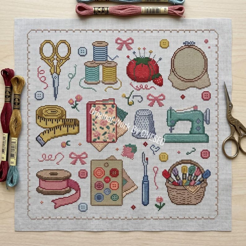May include: A cross-stitch pattern on light fabric featuring sewing motifs including gold scissors, spools of thread, a red pincushion, an embroidery hoop, a yellow measuring tape, a floral fabric swatch, a thimble, a sewing machine, buttons, a seam ripper, and a basket of thread.