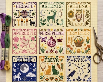 Goddess Collection Cross Stitch Pattern PDF , 9 mini panels, Hecate Artemis Athena Aprodhite Persephone Dementer Selene Freya NYX