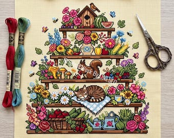 Floral Shelf Cross Stitch Pattern, cottagecore garden sampler, sleeping cat squirrel birdhouse mushroom sunflower vegetable fruit, PDF