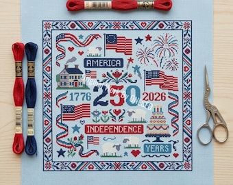 Amerika 250 jaar Independence Day kruissteekpatroon sampler | 250e Amerikaanse hitlijst | 1776-2026 Semi-centennial | 4 juli Vaderlandslievende dag