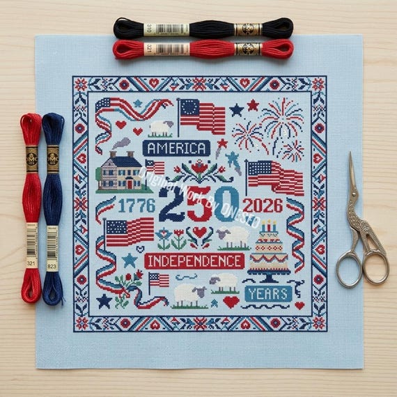 America 250 Years Independence Day Cross Stitch Pattern Sampler | USA 250th Chart | 1776-2026 Semiquincentennial | 4 July Patriotic Day