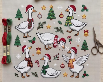 Christmas Goose Cross Stitch Pattern, winter silly geese sampler, farm duck santa hat scarf, pine tree candy cane bell, Counted Chart PDF