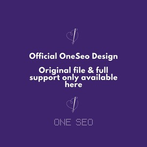 May include: A deep purple graphic featuring a white line-art needle forming a heart shape at the top and bottom. The text reads: Official OneSeo Design, Original file & full support only available here, and ONE SEO in a dotted font style.