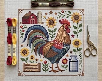 Vintage boerderij volkskunst haan kruissteekpatroon, rustieke boerenschuur zonnebloem Sampler, getelde steekkaart Craft Design PDF
