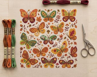 Primitieve herfstvlinder kruissteekpatroon - herfst Monarchblad volkskunst - botanische paddestoel Cottagecore-decorgrafiek pdf