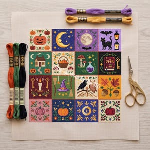 Halloween-Kreuzstichmuster, 16 Mini-Panels, gruselige Decke, Hexenmotiv, schwarze Katze, Zauberbuch, Zaubertrank, Fledermaus, Zählvorlage für Kreuzstich (PDF)