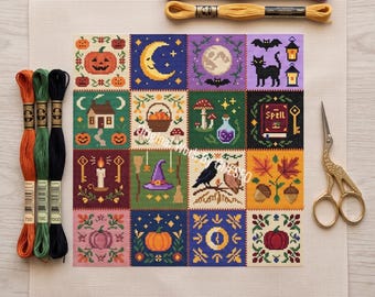 Halloween-Kreuzstichmuster, 16 Mini-Panels, gruselige Decke, Hexenmotiv, schwarze Katze, Zauberbuch, Zaubertrank, Fledermaus, Zählvorlage für Kreuzstich (PDF)