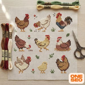 Chicken Cross Stitch Pattern - Rooster Hen Sampler - Farmhouse Kitchen Decor - Baby Chick Barnyard Animal Chart PDF