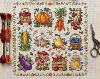 Patrón de punto de cruz de la colección de frutas y verduras de granja rústica, muestrario de arte popular de jardín botánico, gráfico de punto contado, diseño de manualidades en PDF