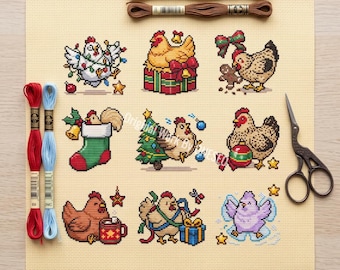 Weihnachtshühner-Kreuzstichmuster, 9 kleine, freche Weihnachtshühner, Lichterkette, Kakao, Märchenbuch, Zählmuster-Kreuzstich (PDF)