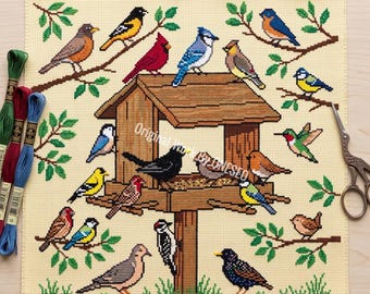 Wild Bird Feeder Cross Stitch Pattern, backyard garden sampler, seed cardinal blue jay robin hummingbird woodpecker finch, Counted Chart PDF