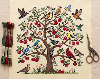 Apple Tree Bird Cross Stitch Pattern, backyard nature sampler, cardinal blue jay robin hummingbird woodpecker dove finch, Counted chart PDF