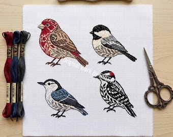 Floral Bird Cross Stitch Pattern, botanical nature sampler, finch chickadee nuthatch woodpecker, elegant foliage art, Counted chart PDF