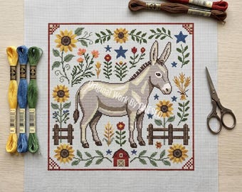 Vintage boerderij volkskunst ezel kruissteekpatroon, rustieke boerenschuur zonnebloem dieren sampler, getelde steekkaart Craft Design PDF