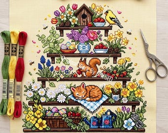 Botanical Shelf Cross Stitch Pattern, spring Easter sampler, sleeping tabby squirrel goldfinch birdhouse tulip daffodil egg, Counted PDF