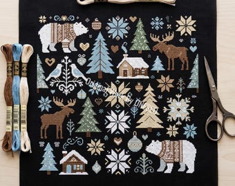 Primitive Winter Sampler Cross Stitch Pattern - Polar Bear Moose Snowflake Pine Tree Cabin - Nordic Folk Art Cottagecore Decor Chart PDF