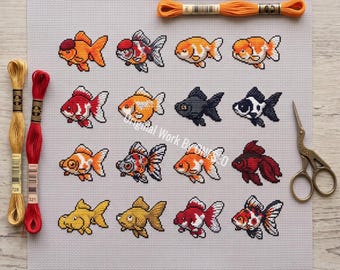 Goldfish Collection Cross Stitch Pattern, 16 mini faces, aquarium, tropical freshwater fish, oranda ranchu animal, Counted Cross Stitch PDF
