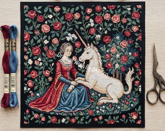 Medieval Cross Stitch Pattern, The Lady and the Unicorn Tapestry  Design, Gothic Embroidery Chart, Instant Digital Download