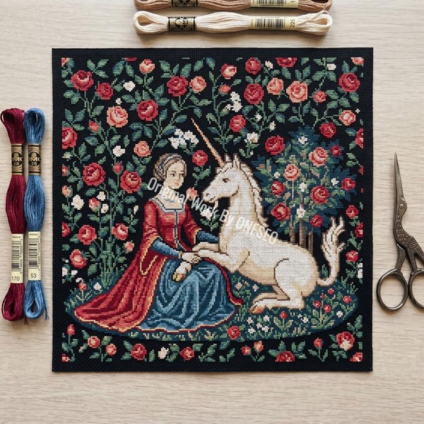 Mittelalterliches Kreuzstichmuster, die Dame und das Einhorn Tapisserie Design, Gotische Stickvorlage, sofortiger digitaler Download