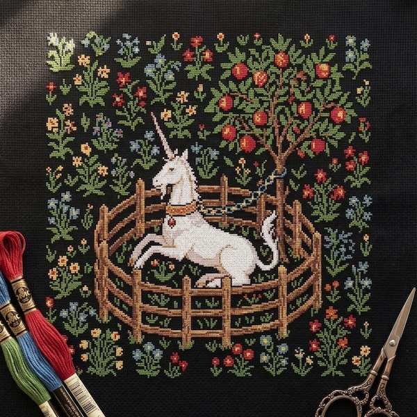 Patrón de punto de cruz medieval, El unicornio en cautiverio, Tapiz de la caza del unicornio, Cuadro de arte histórico, Bordado gótico (PDF)