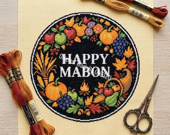 Happy Mabon Autumn Equinox Wreath Cross Stitch Pattern - Fall Harvest Cornucopia Pumpkin Apple Decor - Pagan Folk Art Chart PDF