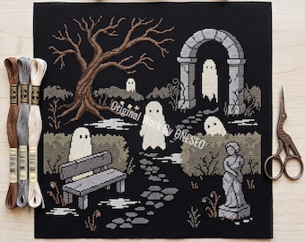 Halloween-Spukgarten-Kreuzstichmuster, gruseliger gotischer Park, düstere Cottagecore-Landschaft, unheimliche Geisterstatue, Zählvorlage für Kreuzstich (PDF)