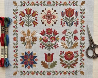 Herfst volkskunst bloemen sampler kruissteekpatroon - botanische tarwebessen herfstbladeren - symmetrische Cottagecore-decorkaart pdf