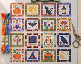 Halloween-Kreuzstichmuster im Stil der Volkskunst, 16 Mini-Stickereien, gruselige Hexenmotive, Zaubertrank-Zauberbuch, Patchwork-Quilt, Zählmuster-PDF