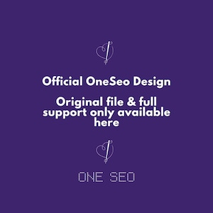 May include: A purple background with white text that reads "Official OneSeo Design" and "Original file & full support only available here." The image also includes a heart and needle graphic and the text "ONE SEO."