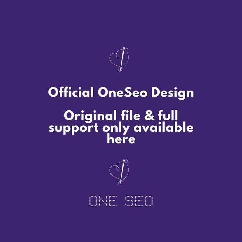 May include: A purple background with white text that reads "Official OneSeo Design" and "Original file & full support only available here." The image also includes a heart and needle graphic and the text "ONE SEO."