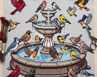Bird Bath Fountain Cross Stitch Pattern, backyard nature sampler, cardinal blue jay robin hummingbird woodpecker dove finch, chart PDF