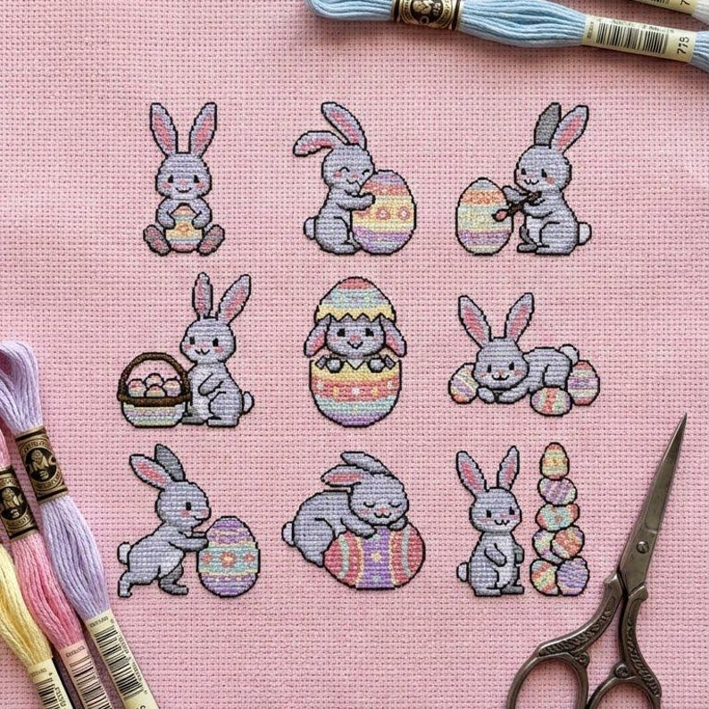 Happy Easter Cross Stitch Pattern | 9 in 1 Cute Bunny and Egg Mini ...