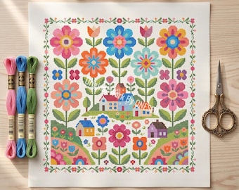 Dorp kruissteekpatroon, bloemenbos, volkskunsthuizen en bloemen, grillige kleurrijke cottage tuin sampler ambachtelijk ontwerp pdf