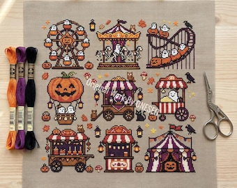 Halloween Carnival Cross Stitch Pattern, Spooky Magic Pumpkin Ghost Ferris Wheel Roller Coaster Folk Art Sampler, Counted Stitch Chart PDF