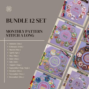 May include: A set of 12 cross-stitch patterns, each with a monthly theme and the text "Hello" followed by the month. The circular designs include embroidered elements such as flowers and seasonal motifs. Embroidery threads and scissors are also present.