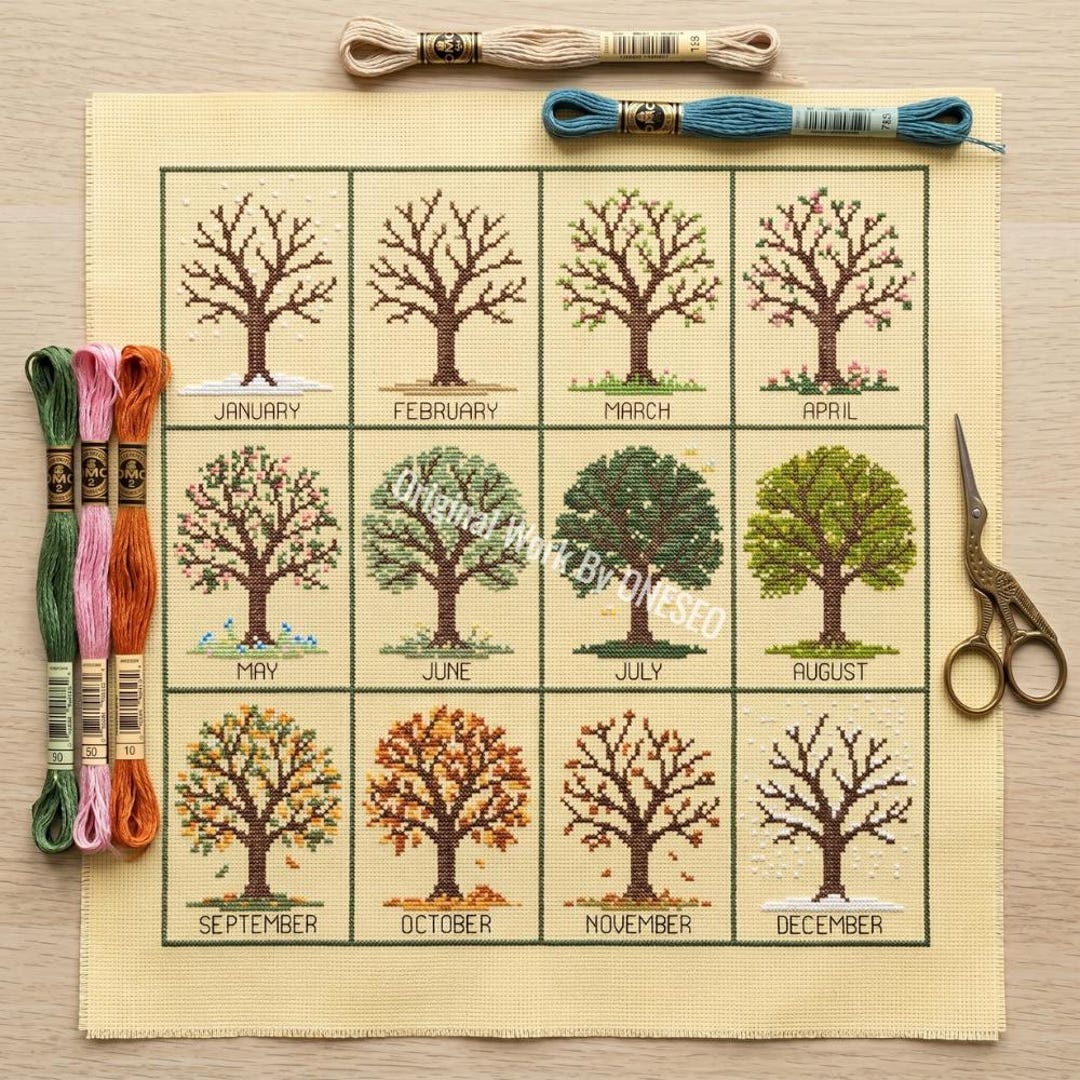12 Month Tree Calender Cross Stitch Pattern, Monthly Seasonal Sampler ...