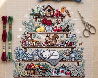 Winter Shelf Cross Stitch Pattern, snowy garden sampler, sleeping white cat squirrel robin birdhouse poinsettia mushroom fruit, Counted PDF