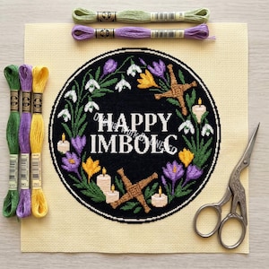Happy Imbolc Winter Spring Wreath Cross Stitch Pattern - Snowdrop Crocus Brigid's Cross Candle Decor - Pagan Wiccan Art Chart PDF