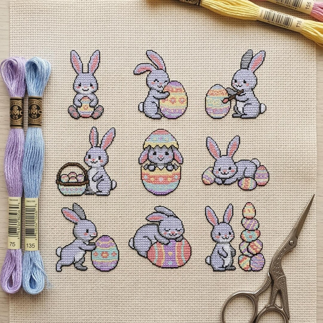 Happy Easter Cross Stitch Pattern | 9 in 1 Cute Bunny and Egg Mini ...