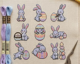 Happy Easter Cross Stitch Pattern | 9 in 1 Cute Bunny and Egg Mini Chart PDF | Spring Holiday Rabbit Sampler for Decor Card and Ornament