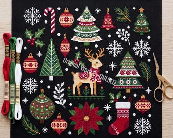 Winter Woodland Sampler Cross Stitch Pattern, Reindeer Christmas, folk tree poinsettia bauble stocking candy cane snowflake bell,Counted PDF