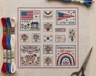 America 250th Anniversary Years Independence Day Postage Stamp Cross Stitch Pattern, 1776-2026 Semiquincentennial, 4 of July Patriotic Chart